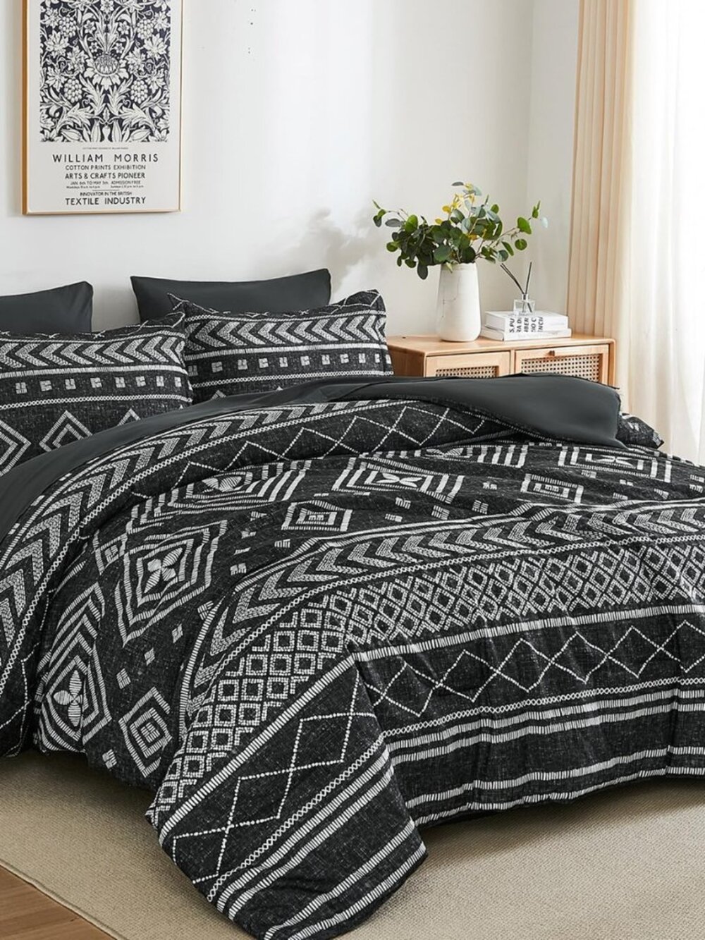 Black Queen Comforter Size Set, 7 Pieces Boho Aztec Bed in a Bag